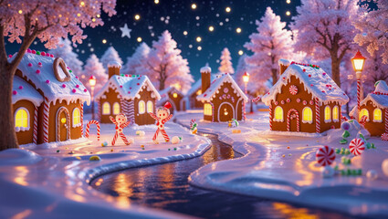 AI-generated image of a winter wonderland of Christmas spirits, where gingerbread houses and a river come to life