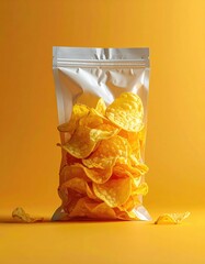 Close Up View of Potato Chips in a Silver Packet with Orange Background