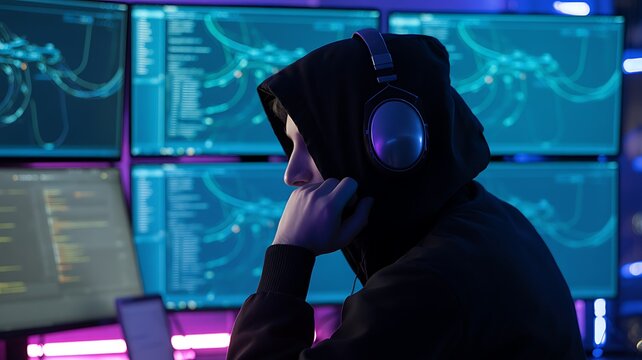 Hacker in a hoodie is sitting in front of multiple monitors with code