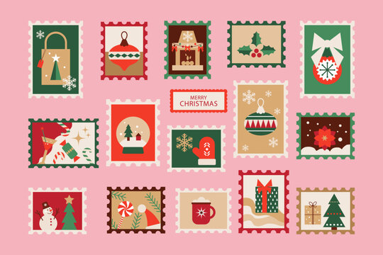 Big set of Christmas stamp stickers.Vector illustration