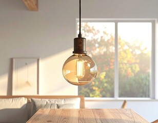 Close-up of a Decorative Light Fixture Hanging in a Modern Home Interior With Natural Daylight and Wooden Elements