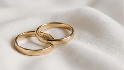 Elegant Gold Wedding Bands on Soft White Fabric.