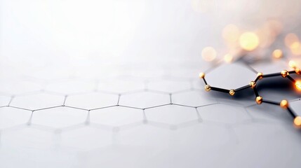 A close-up view of a 3D molecular structure with golden spheres at the nodes and dark connecting lines, set against a background of a hexagonal grid and soft, o