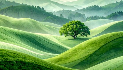 Verdant rolling hills with a solitary tree, subtle mist in the distant background