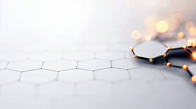 A close-up view of a 3D molecular structure with golden spheres at the nodes and dark connecting lines, set against a background of a hexagonal grid and soft, o