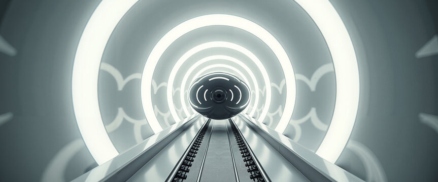 Hyperloop train arriving at futuristic station platform with glowing lights
