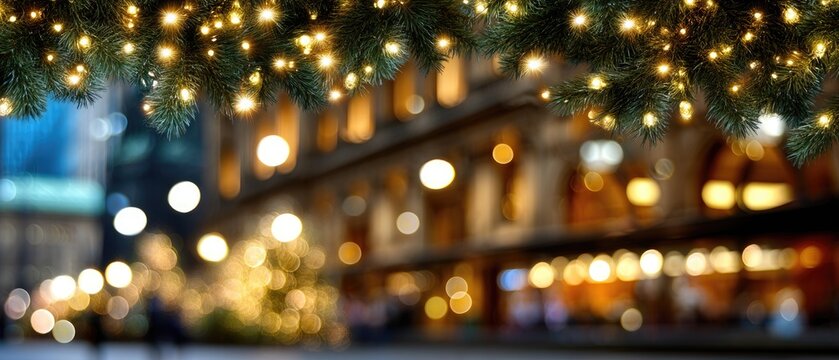Close-up view of lush green branches adorned with glowing lights, set against a backdrop of cheerful holiday festivities at dusk