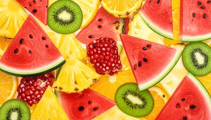 Colorful assortment of fresh, sliced fruits arranged together on a bright white background
