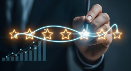Visual of Hand Drawing Glowing Stars Above Increasing Chart, Enhancing Concept