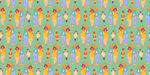 Green Christmas party pattern. People dancing and a Nutcracker print with Christmas tree ornaments. Two queer women celebrating the holiday together. Horizontal seasonal holiday wallpaper.