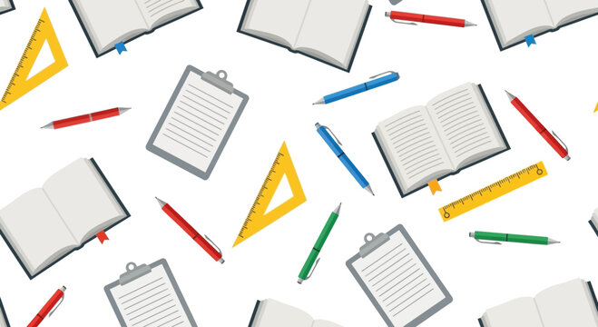 Seamless pattern of open books clipboards pens and rulers scattered on a white background representing education and learning