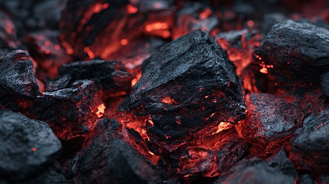 Close-up of glowing red hot charcoal briquettes in dark environment