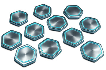 Metallic hexagon buttons with glowing neon border on transparent background, symbolizing technology and futuristic design
