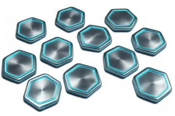 Metallic hexagon buttons with glowing neon border on transparent background, symbolizing technology and futuristic design