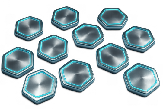 Metallic hexagon buttons with glowing neon border on transparent background, symbolizing technology and futuristic design