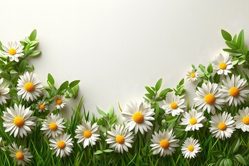 Fototapeta premium Daisies and grass border on a clean background