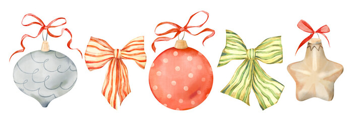 Watercolor hand-drawn Christmas set of baubles with elegant red and striped bows isolated on a white background. New year tree decorations collection - ball, star, bow