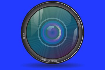 Front view of photo camera lens isolated on blue background. Vector illustrtion