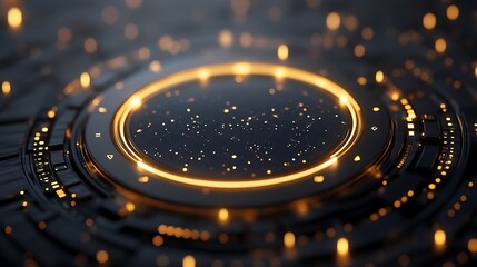 Illuminated Technological Hub: A close-up view of a high-tech circular hub with intricate details, radiating with golden light, representing modern technology and innovation.