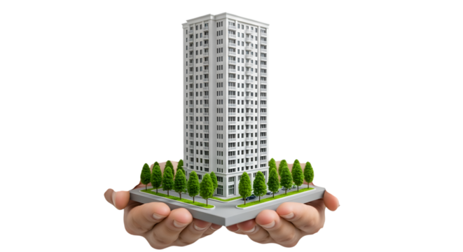 Miniature white apartment building with trees and street model held in hands isolated on a transparent background