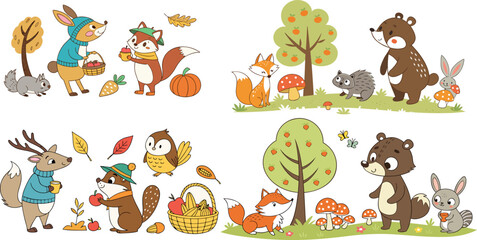 Cute Autumn Woodland Animals Forest Scene Set for Kids