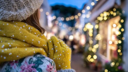 27Person in winter attire, scarf and gloves, moving through a festive shopping street, shop windows adorned with lights and holiday decorations, perspective from back - Powered by Adobe