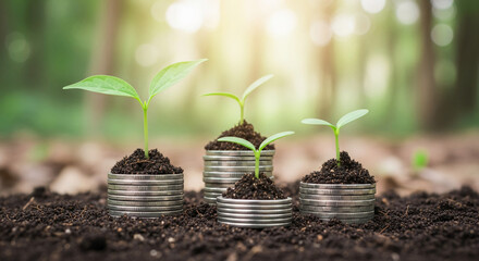 Three green sprouts atop stack of silver coin in rich soil, representing growth, investment, and financial potential in a natural setting