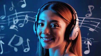 Portrait of young woman wearing headphones, listening to music. Notes and sounds move around her. Advertising banner for headphones, music service or a music school. New album or single	