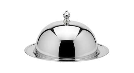 Obraz premium Silver cloche serving dish with lid on black background Keywords: cloche, serving dish, food