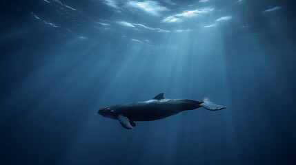 Obraz premium Majestic Whale Beneath the Surface: An awe-inspiring whale glides serenely through the deep ocean. Captured in a moment of tranquil grace.