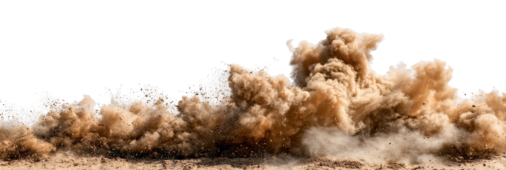 A massive cloud of brown dust erupts from the ground