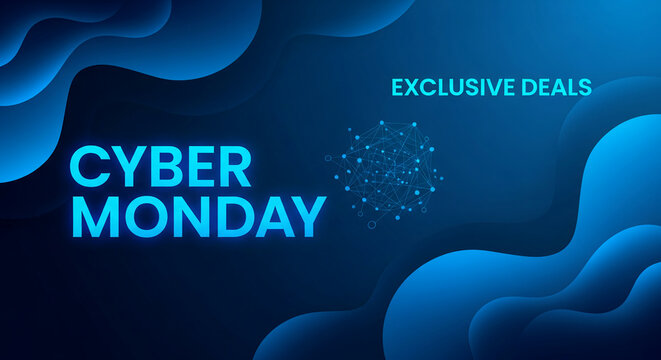 Blue gradient background with fluid shapes and glowing text Cyber Monday, representing sale event and exclusive deal promotion, suitable for web marketing