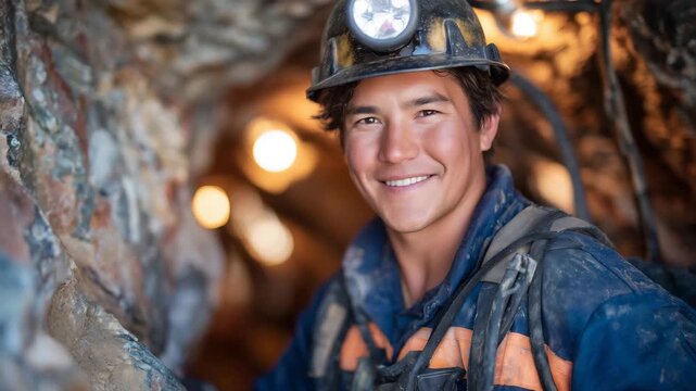 32Rare earth miner wearing headlamp working deep underground, narrow passage illuminated by equipment lights