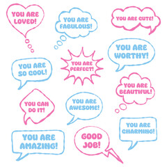 Set doodle speech bubbles with compliment phrases, quotes. Stickers with different phrases.