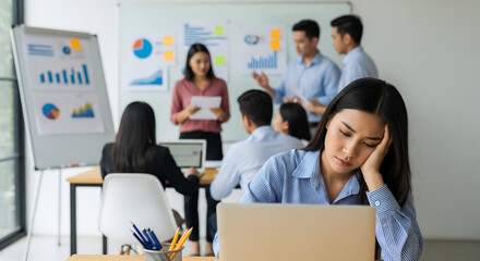 Tired Businesswoman at Meeting with Laptop - Overworked and Stressed