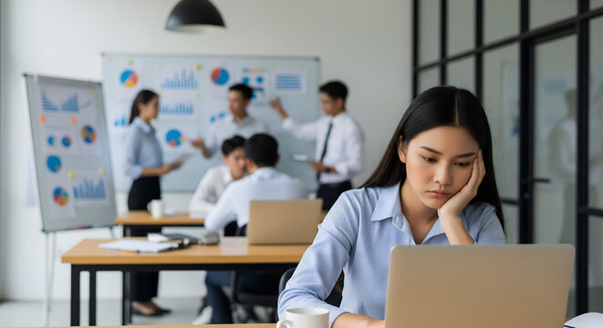 Exhausted Asian Businesswoman in Office Meeting