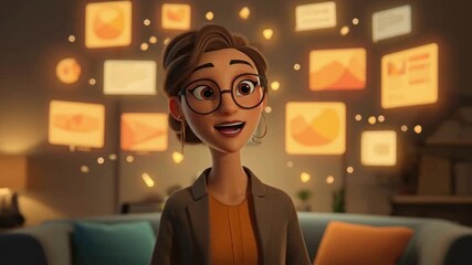 A smiling animated woman with glasses is surrounded by a futuristic interface of glowing holographic data visualization screens. - Powered by Adobe