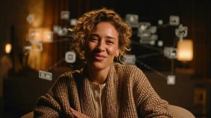 A smiling woman with curly hair sits in a dimly lit room, surrounded by a floating network of digital icons. - Powered by Adobe