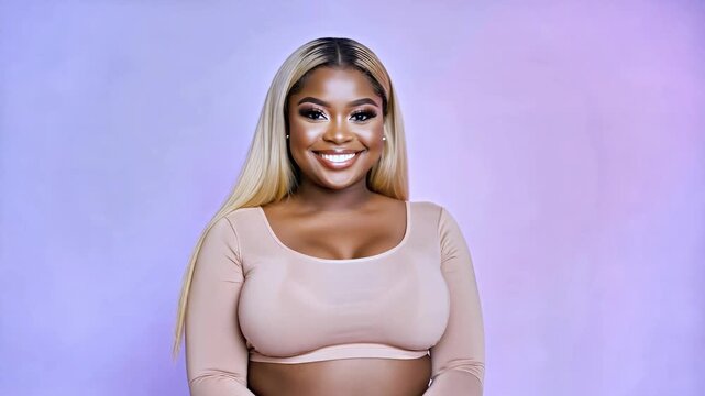 Body positivity, happy smiling plus size African American model in flesh color underwear on pink background, copy space for text.	