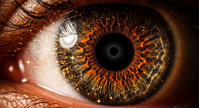 Close-up of human eye with detailed iris pattern and visible eyelashes, creating an intense and captivating look, representing vision, focus, or mystery