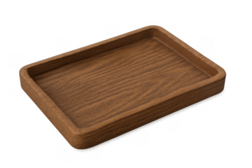 Empty rectangular wood tray for serving and display, providing a clean surface on a transparent background