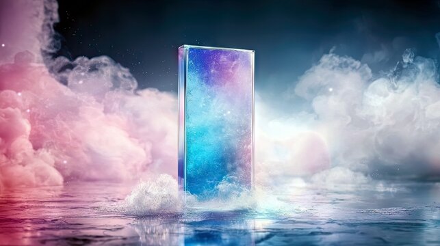 A rectangular prism with a colorful galaxy pattern inside floats on a wet, reflective surface surrounded by pink and blue clouds and mist.