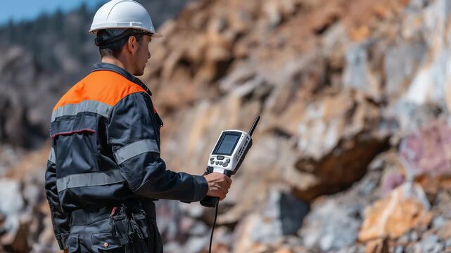 35Worker using handheld XRF analyzer to test ore composition on site, concept of instant mineral identification and efficiency