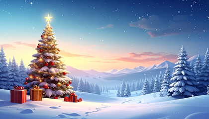 Sparkling Christmas tree with gifts in snow landscape brings holiday cheer and joyful memories, ideal for festive greetings and winter promotions