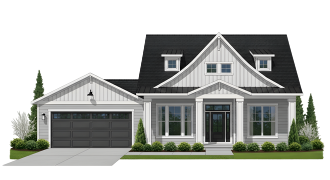 Modern gray ranch style house with attached garage and landscaping isolated on a transparent background