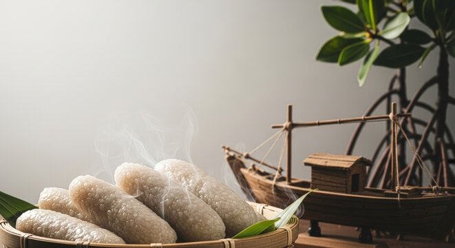 Chewy Bruneian Keropok Lekor &ndash; Pale Steaming Fish Sausage with Sago in Woven Basket, Fishing Boat Model & Mangrove Branch in Coastal Morning Light 