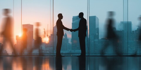 Abstract Business Collaboration Concept — Silhouettes of People Shaking Hands in Modern Office with City Skyline at Sunset