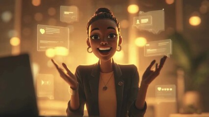 A joyful animated businesswoman in a modern office interacting with floating holographic data screens. - Powered by Adobe