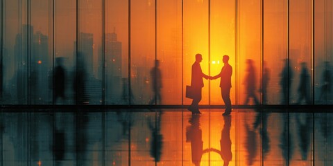 Abstract Business Collaboration Concept — Silhouettes of People Shaking Hands in Modern Office with City Skyline at Sunset