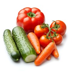 Fresh Vegetable Assortment: A vibrant array of fresh, ripe vegetables, including juicy tomatoes, crisp cucumbers, and bright carrots, arranged together.